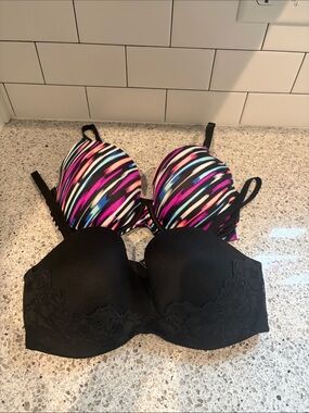 Victoria's Secret Black Lace Bra & Multicolor Striped Push-Up Bra
